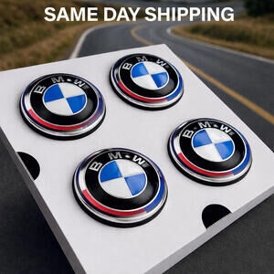 BMW 56mm Floating Center Caps Blue 50th Self Leveling Wheel Hub Caps Set of 4